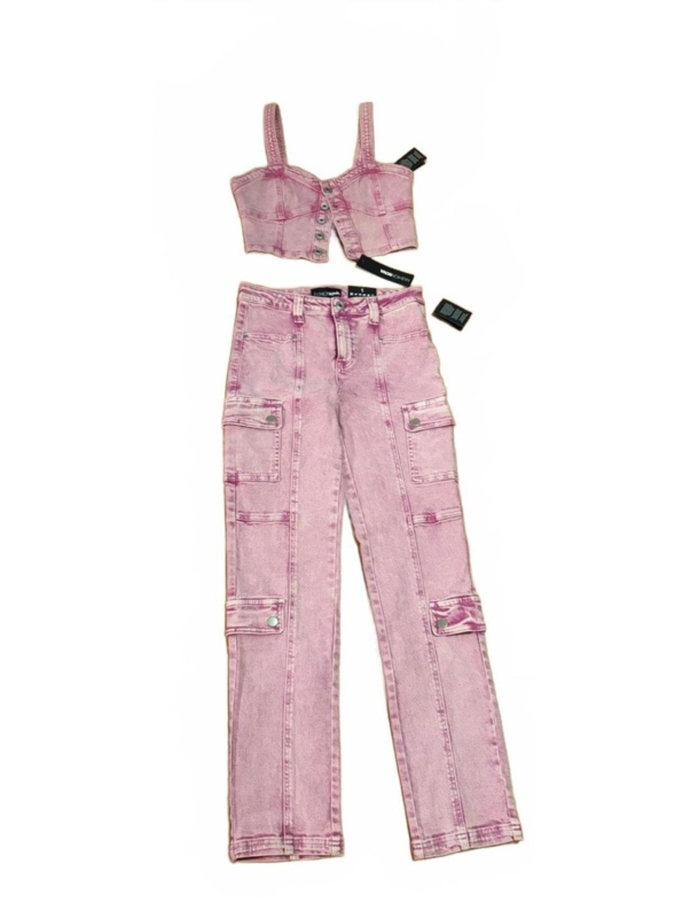 Fashion Nova Pink Denim Cargo Pants and Crop Top Set XS